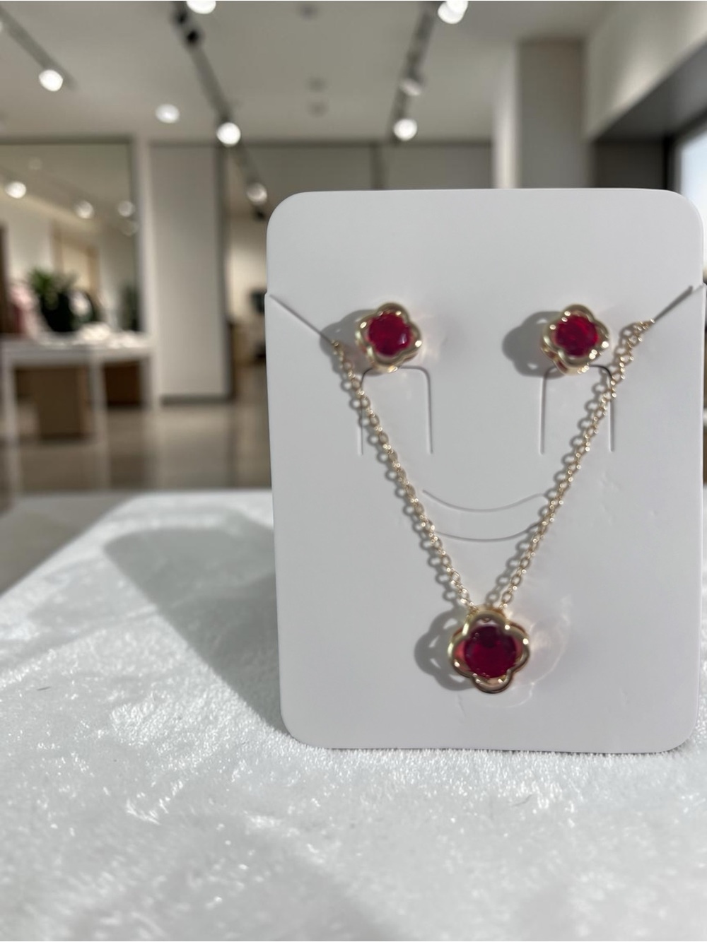 Gold-Plated Floral Necklace & Stud Earrings Set with Red Gemstones